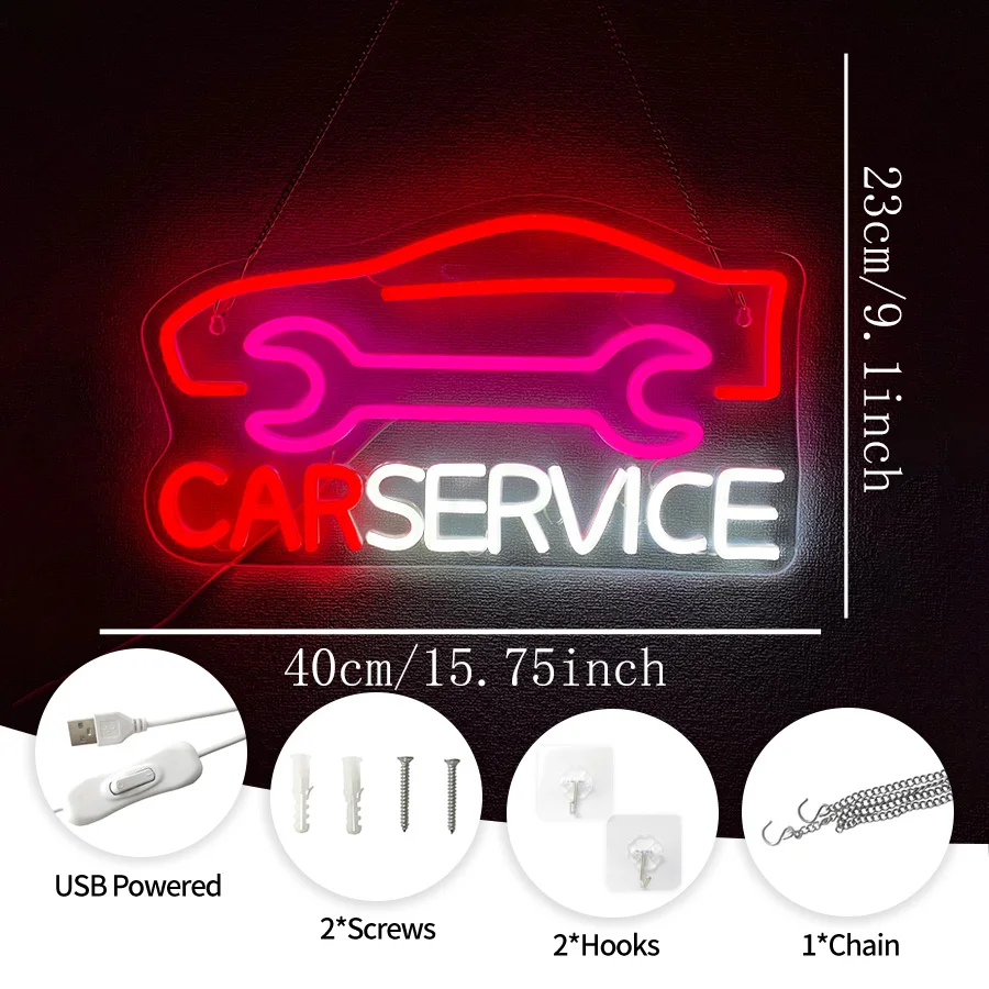 Car Service USB LED Neon Sign, Car & Wrench Neon Light for Auto Shop Garage Workshop Man Cave Wall Decor, Gift for Car Lovers