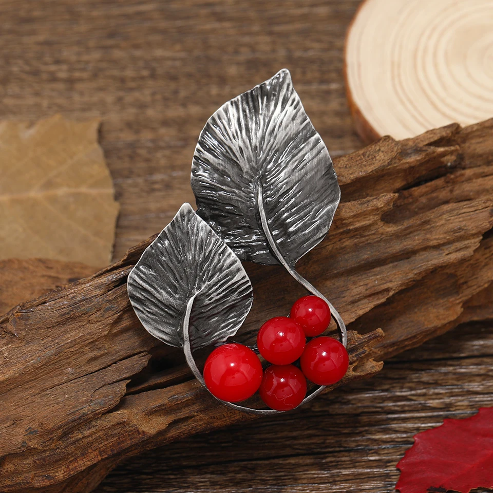 Morkopela Red Stone Trees Brooch Natural Stone Pin Vintage Bouquet Clothes Clip Brooches And Pins For Women