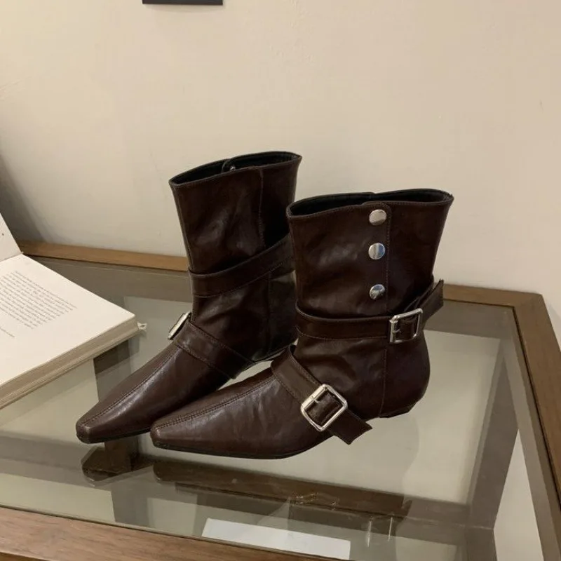 

Pointed Toe Metal Buckle Strap Short Boots For Female Women Thin High Heel 2026 New Leather Fabric Elegant Sexy Winter Shoes 42