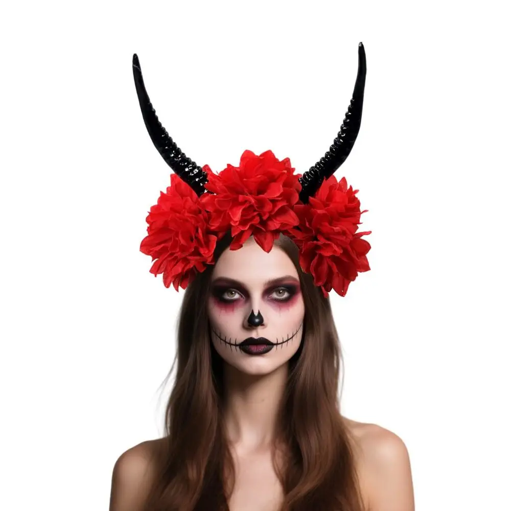 Esagera la fascia in corno da demone, fiori di simulazione, accessori per capelli da strega, copricapo gotico, decorazione del festival della regina cattiva