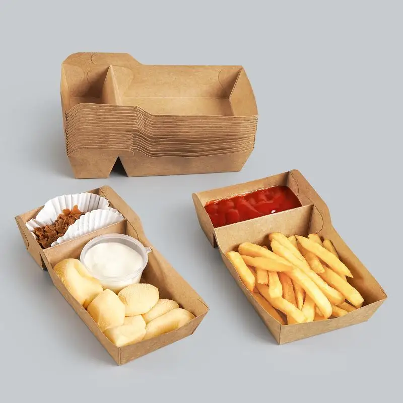 50Pcs Disposable Kraft Paper Food Serving Tray Two Grids Snack French Fries Chicken Salad Carton Take Out Containers For Party