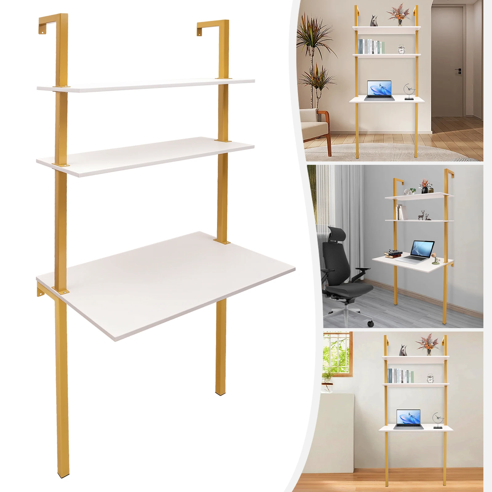 

Wall Mount Desk 3 Tiers Computer Writing Table Laptop Industrial Bookcase Floating Pipe Ladder with Shelf for Home Office School