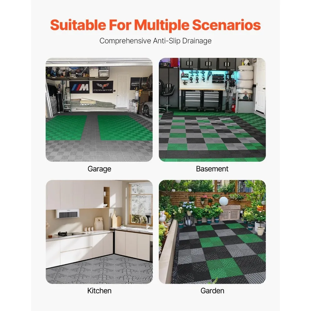 سجادات تصريف متشابكة معيارية، 12 × 12 سجادًا من مادة البولي بروبيلين الرمادية غير قابلة للانزلاق، 12 قطعة للربط، وسادة تصريف متينة #6