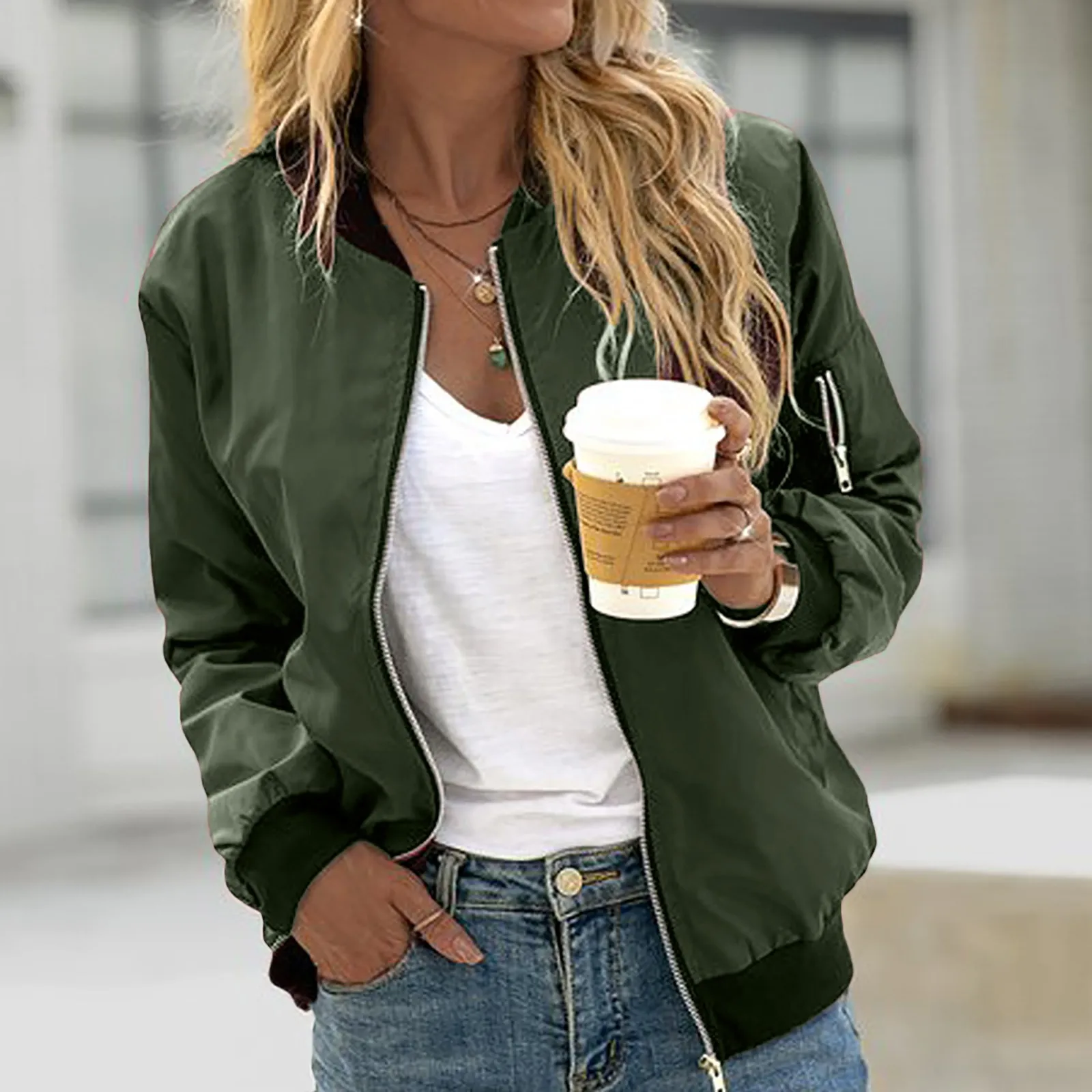 

Women Thin Jackets Fashion Solid Bomber Jacket Autumn Long Sleeve Slim Coat Casual Windbreaker Stand Collar Zip Up Jacket