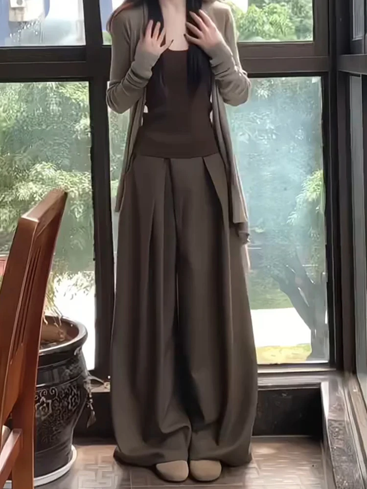 Extended 80cm Tall Women's Wide Leg Pants Pleated Loose Fit Floor Length Casual Straight Cut High Waist Skinnifng Effect