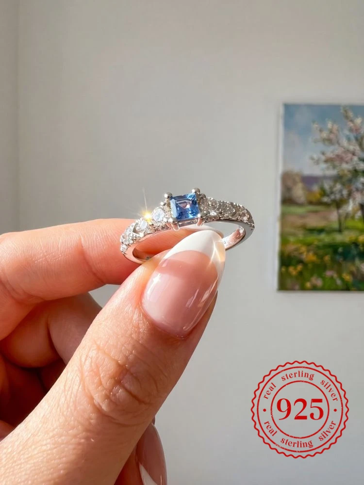 925 Sterling Silver Shiny Blue Square Full Zircon Ring For Women Wedding Daily Luxury Fashion High Quality Fine Jewelry