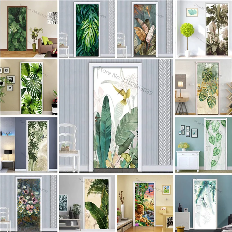 

Tropical Plant Leaves Door Decor Sticker Living Room Bedroom Home Decor Self-adhesive Waterproof Peel and Stick Door Stickers