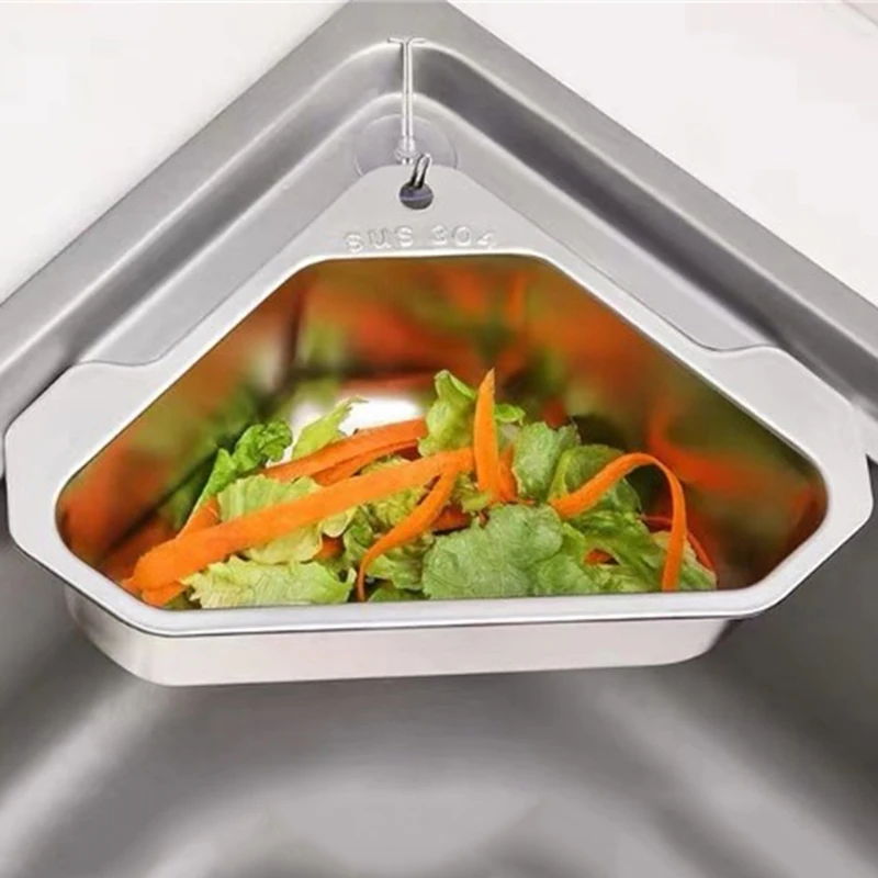 Estante de fregadero con filtro de frutas y verduras, soporte de drenaje Triangular de acero inoxidable, colador de almacenamiento colgante, cesta, accesorios de cocina