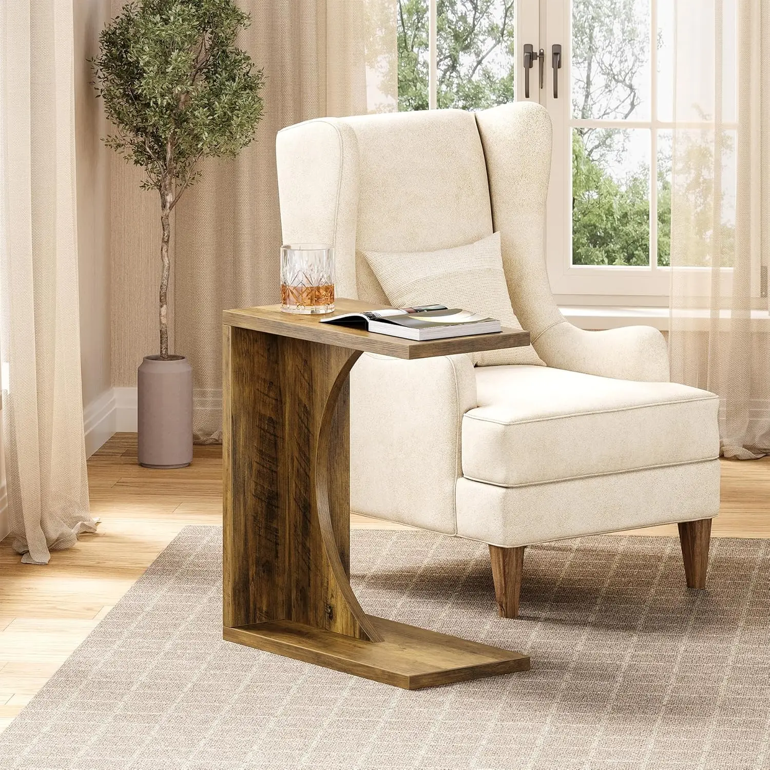 #LITTLE TREE C Shaped End Table for Sofa & Bedroom - Small Side Table for Living Room, Over Couch Tray Stand for Laptop, Snacks