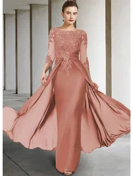 Customized Mother of the Bride Formal Gown Elegant Sparkling Jewel Collar Asymmetrical Chiffon Lace Three Quarter Sleeve Dress