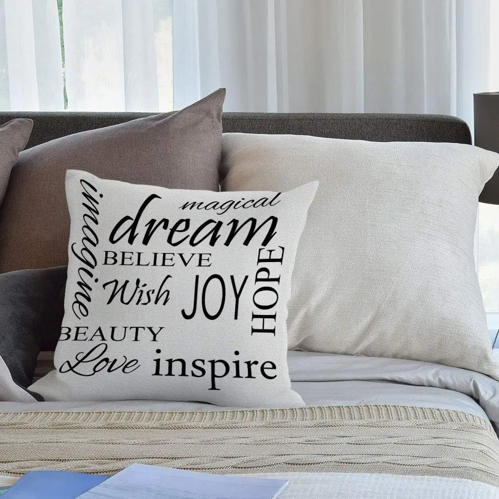 Inspirational Quote Pillowcase, Dream Believe Joy Cushion Cover, Beige Typography Home Decor, Motivational Living Room Gift