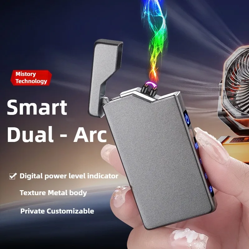 Double Arc Lighter with LED Power Display Windproof Metal Body Type-C Charging Custom Engrave for Outdoor Survival