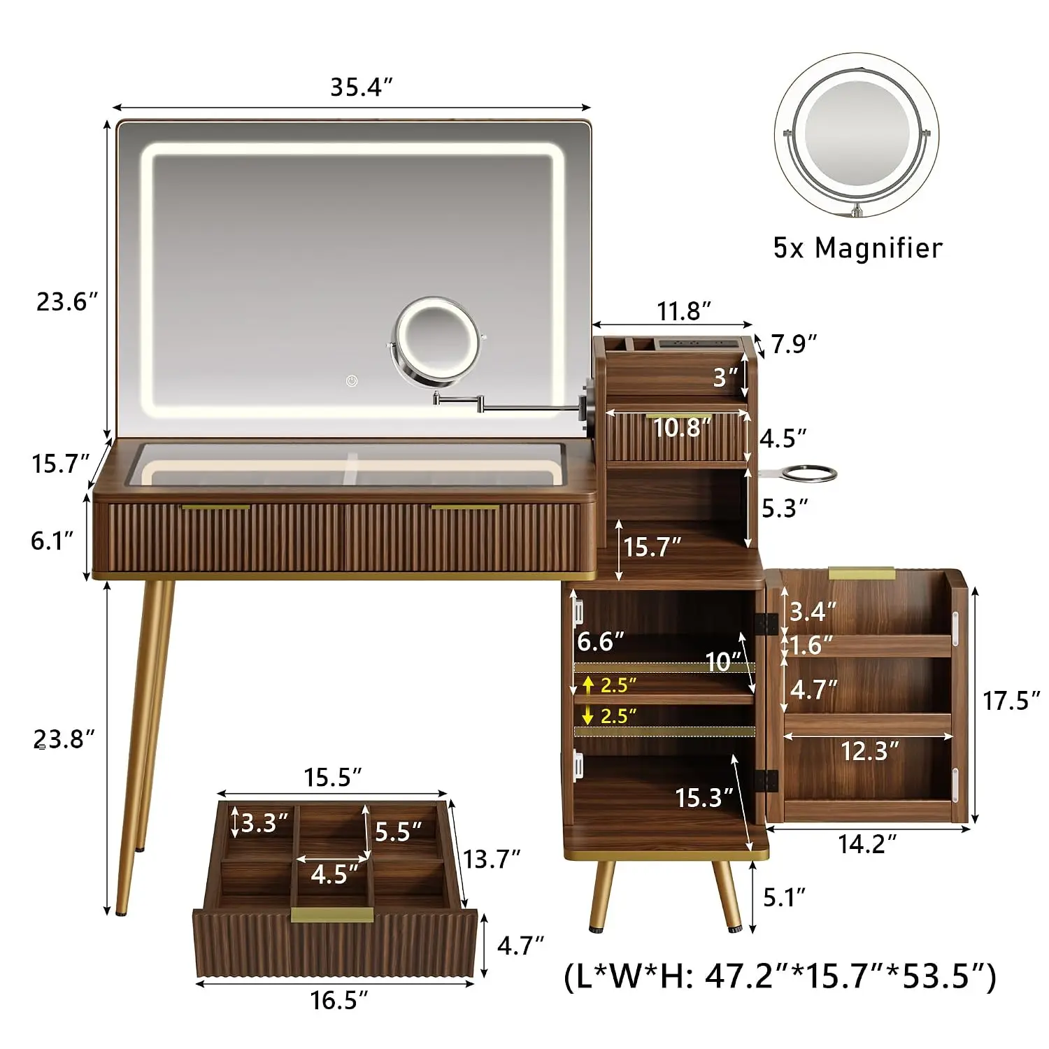 Makeup Vanity Desk with HD & 5X Magnifying Mirror and Lights, 47'' Make up Vanity, Fluted Glass Top Dressing Table w/Power Outle