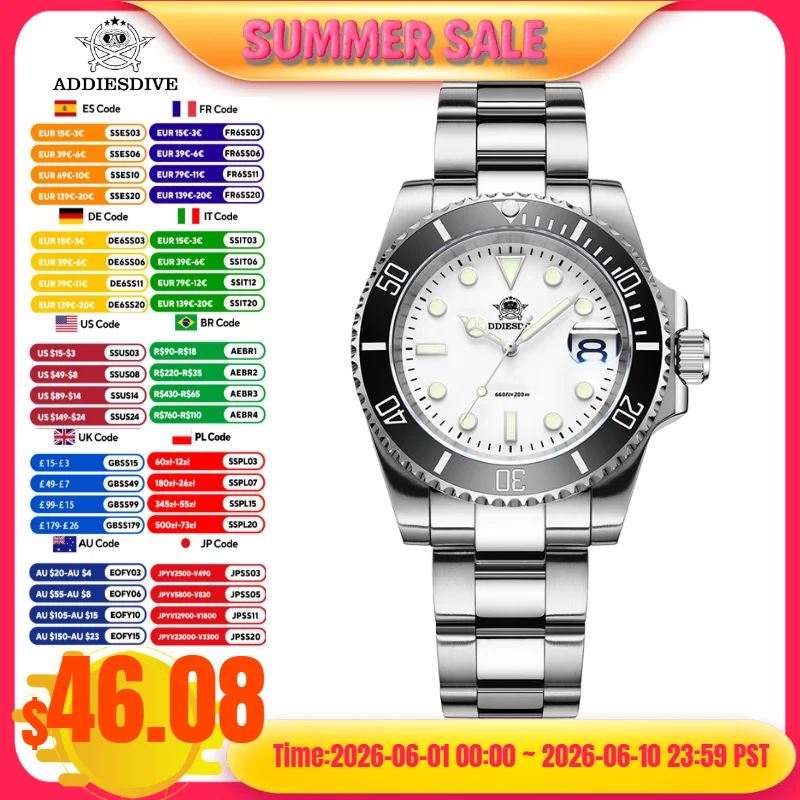 

ADDIESDIVE 41MM Men Watch Calendar Display BGW9 Super Luminous 20Bar Waterproof 316L Stainless Steel reloj hombre Quartz Watches