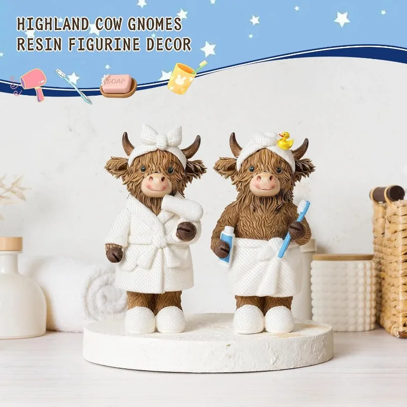 1PCS/2PCS Resin Highland Cow Bathroom Bathrobe Calf Statue Table Ornament Bathroom Decor Cute Highland Cow Resin Craft