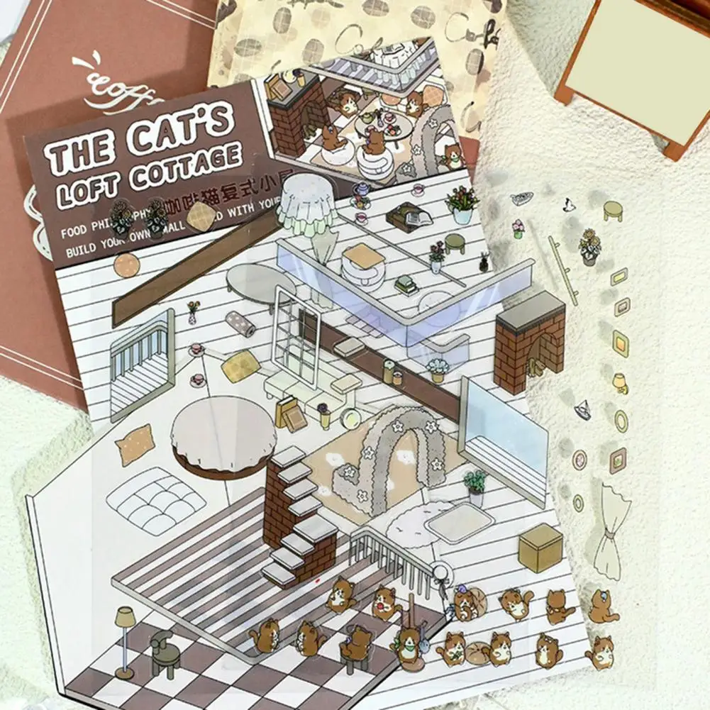 4 Sets DIY 3D House Stickers Reusable Korean Stickers Miniature Scene Stickers Mini Room Scenes Coated Surface Sticker