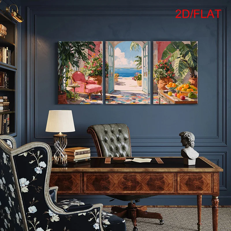 2D Flat 2D/Flat, 3pcs/set Wooden Framed Canvas Poster, Artistic Mediterranean Doorway, Coastal View, Floral Arrangements, Blu