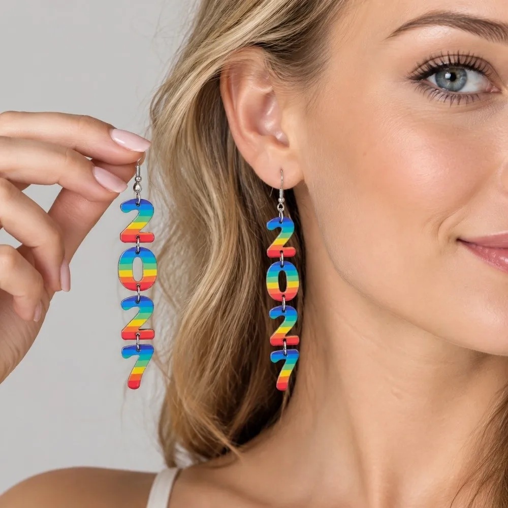 Fashion 2027 Digital Earrings Welcome a New Beginning Elegant Happy New Year Earrings Bohemian Style Long Drop Stud Earrings