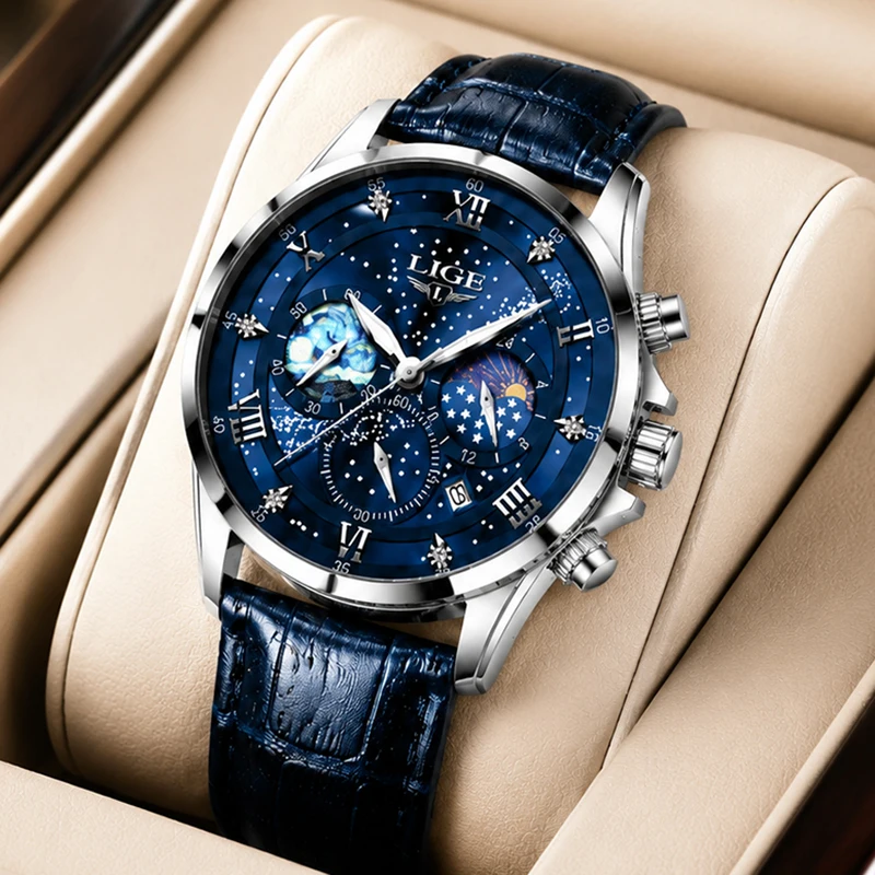 Smartwatch Sports Watches For Men - Reloj LIGE de Cuero Azul para