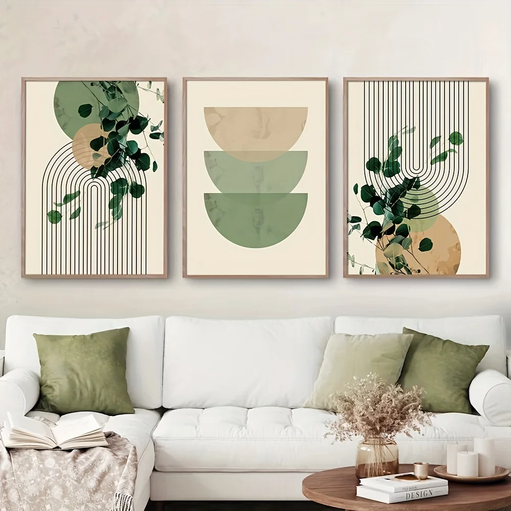 3pcs Boho Green Plant Eucalyptus Leaf Geometry Graphic Art Poster - Retro Canvas Print For Modern Wall Decor In Living Room And