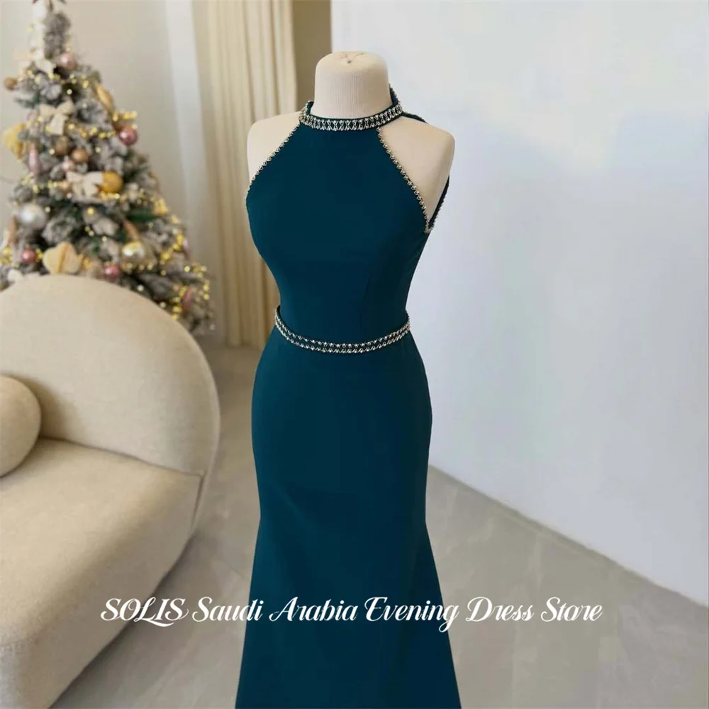 

SOLIS Teal Prom Dress Halter Neck Gala Dress Sleeveless Satin Trumpet Saudi Arabic Crystal Trim Evening Party Gown Customized