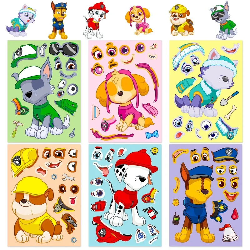 NEW 6 Sheets PAW Patrol Rubble Zuma Puzzle Stickers Toy Funny Cartoon Make-a-Face Decal Assemble Jigsaw Children Christmas Gift