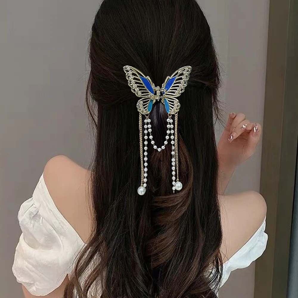 Butterfly Metal Hair Clip Claw Fashion Pearl Tassel Hair Crabs Hairpin Women Fashion Ponytail Elegant Headwear Accessories