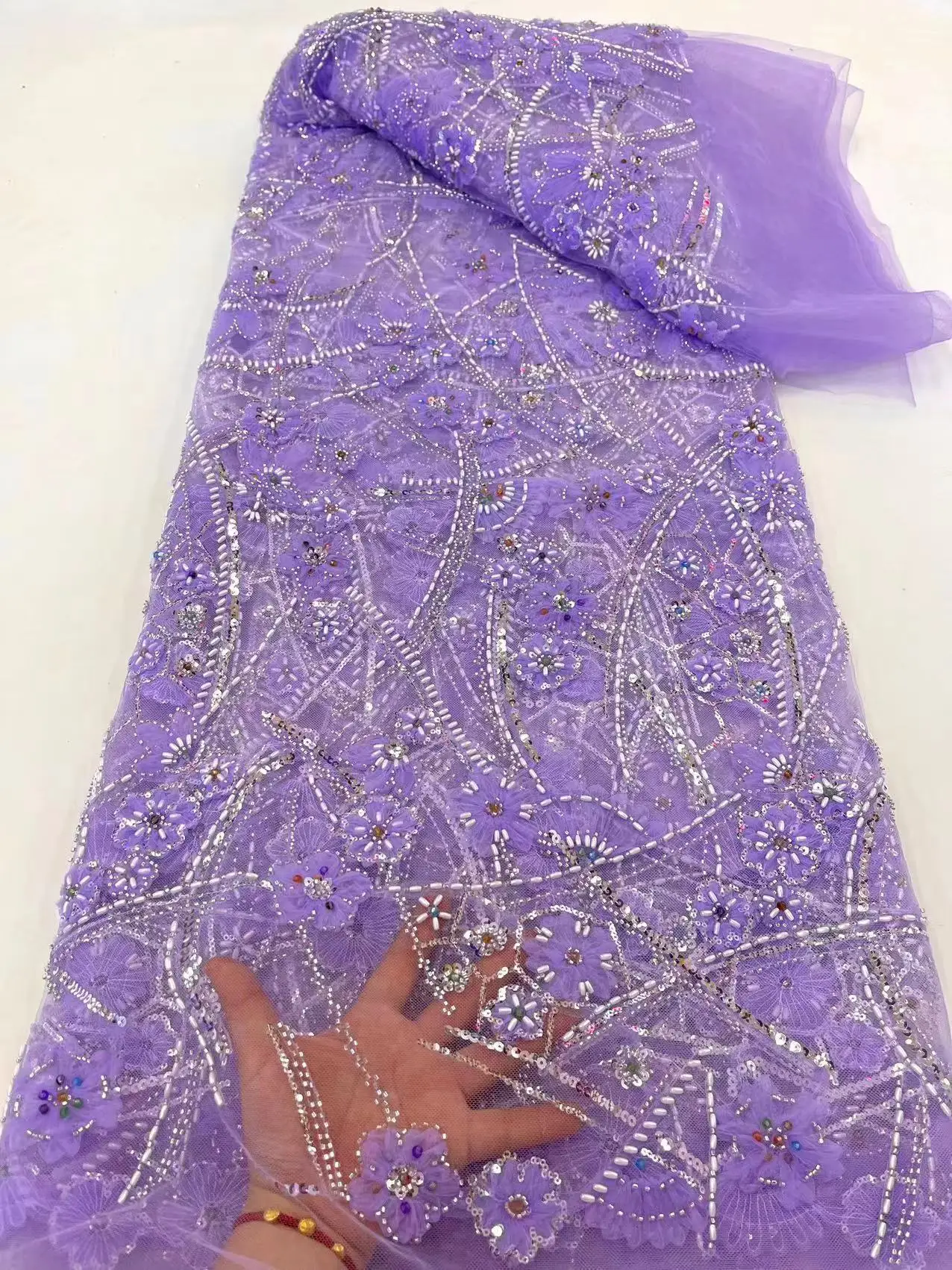 

High Quality African Purple Handmade Beaded Lace Fabirc 2024 Sewing sequins Embroidery Nigreian Lace Fabric Women Wedding Dress