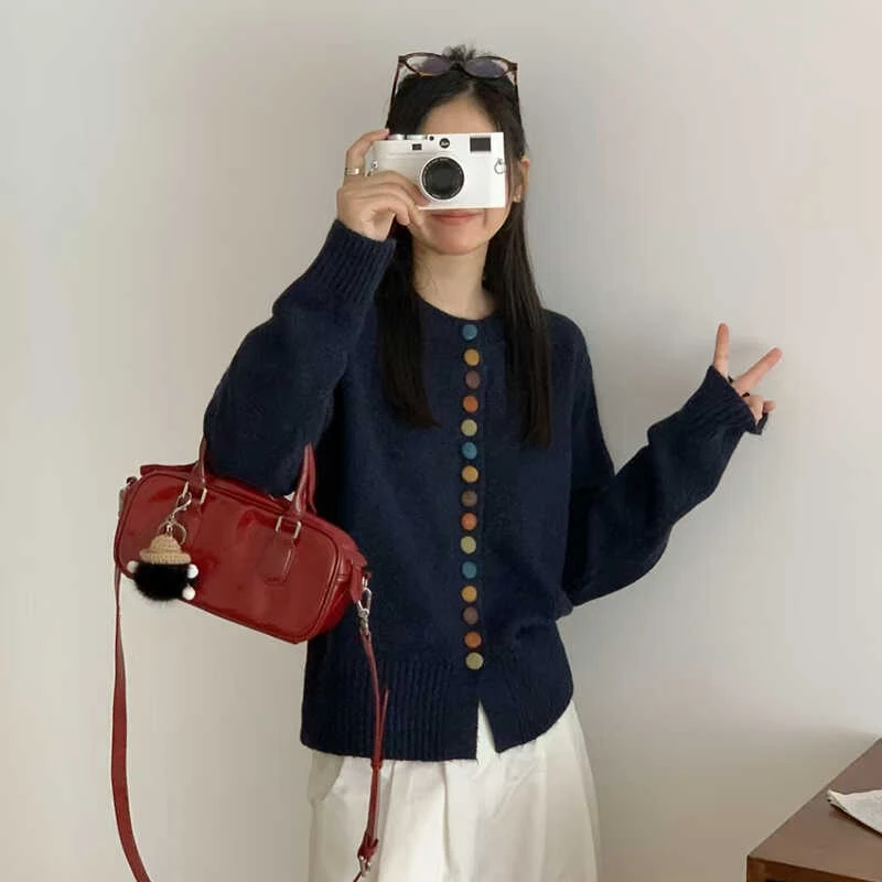 

Autumn Elegant Women's Top Casual Long Sleeve Single Breasted Knitted Sweater Korean Style Loose O-neck Cardigan Knitwear