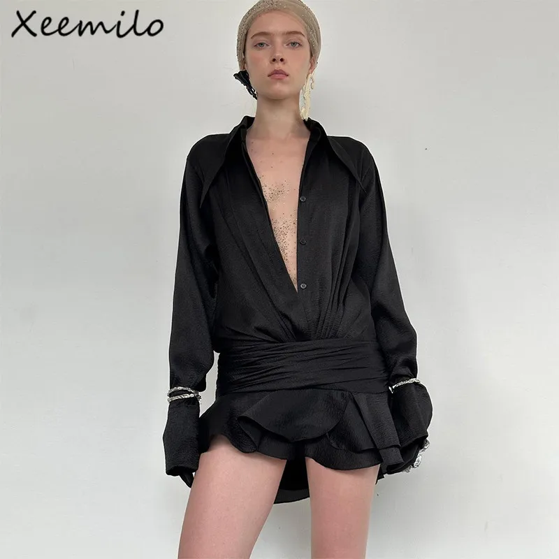 Xeemilo Sexy Lady Mesh Sheer Long Sleeve Cardigan Shirt With Ruched Short Skirts Autumn 2023 Temperament Slim Women 2 Piece Sets