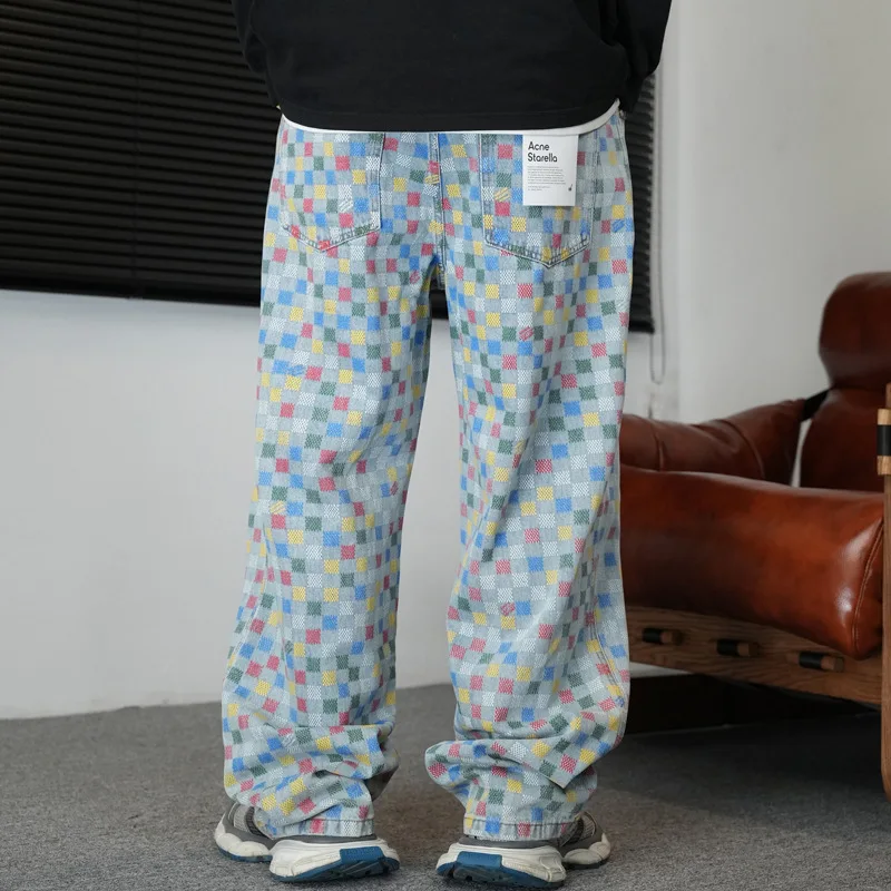 2025 new small grid jeans men's fashion street hip hop trendy printed straight tube loose high street wide leg pants