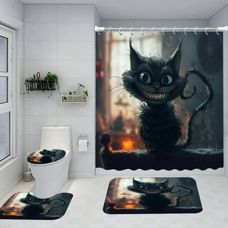 

Причудливый набор для ванной комнаты с принтом черного кота: включает 12 бесплатных крючков, водонепроницаемая занавеска для душа, нескользящий коврик для ванной, чехол на сиденье унитаза,