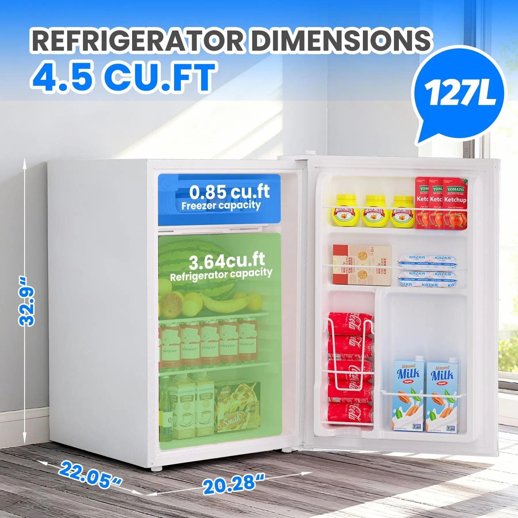 4.5 Cu.Ft Compact Mini Refrigerator With Freezer Quiet Energy-Saving Adjustable Shelves Reversible Door For Dorm Small Apartment