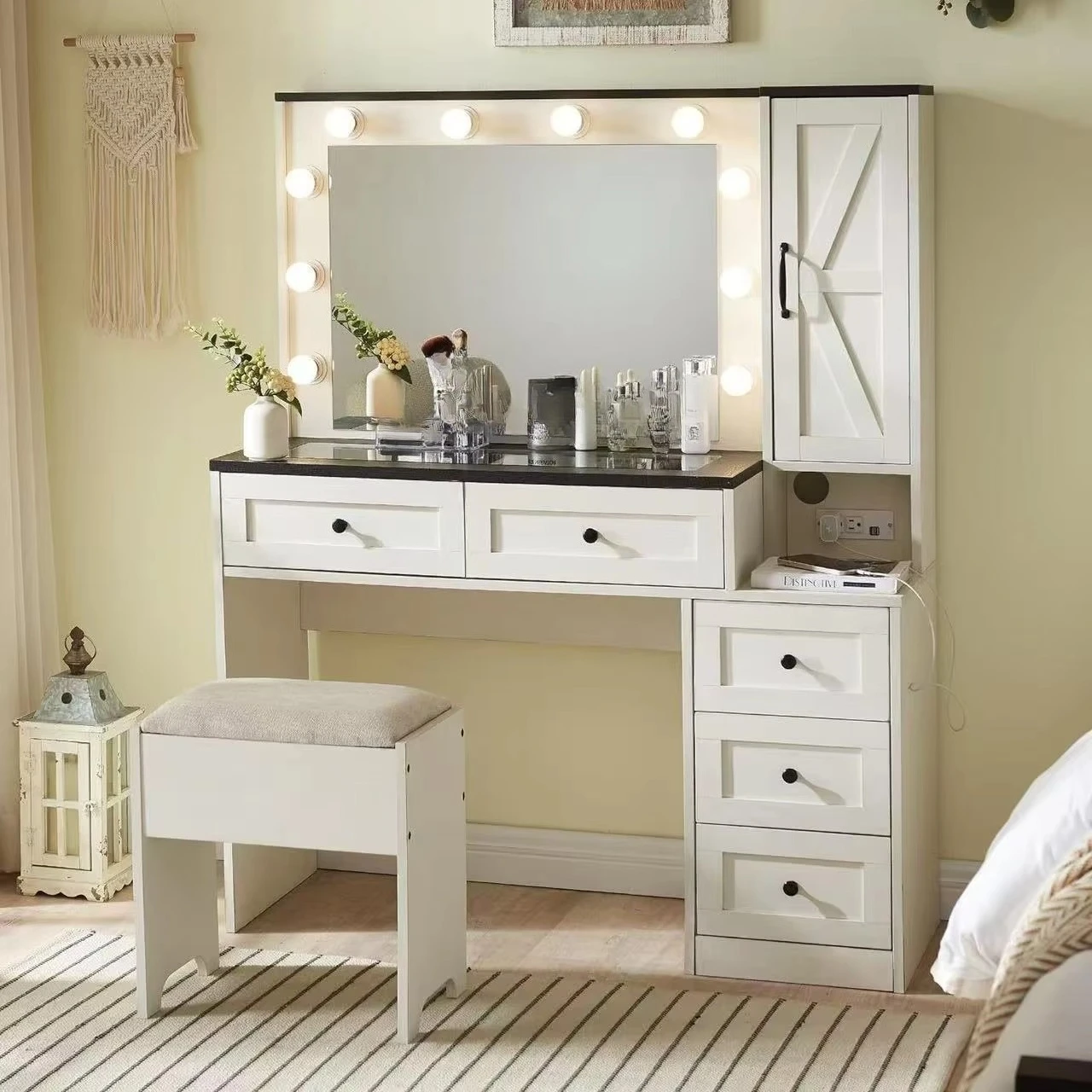 Bedroom Dressing Table with Stool Set - Three-colour Movable LED Mirror - Drawer Storage Makeup Table Set