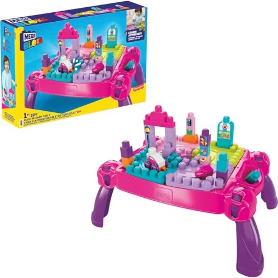 

Toddler activity table for home or travel use plastic pink includes 30 buildable blocks and built-in storage