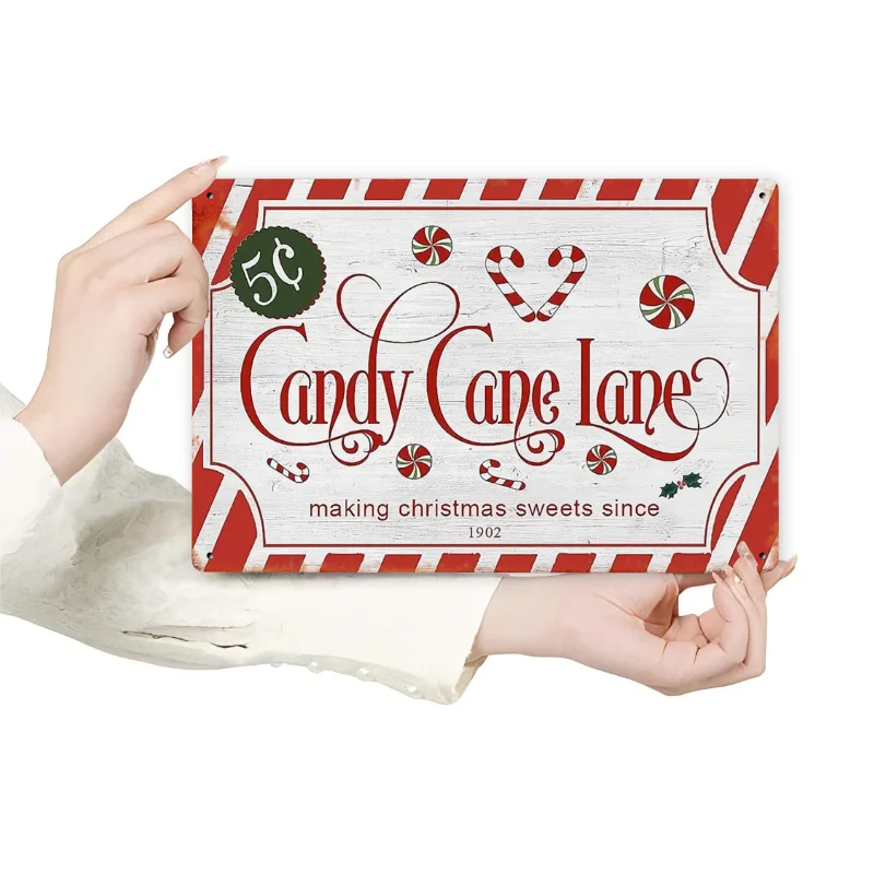 [ Christmas Decor]  Retro Christmas Metal Sign |    Candy Cane Lane Wall Decor, Iron Poster with Red Stripes, Festive Holiday Pl