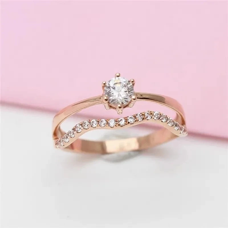 Plated 14K Rose Gold 585 Purple Gold Inlaid Crystal Double Row rings for women Light Luxury Classic Simple Party Jewelry