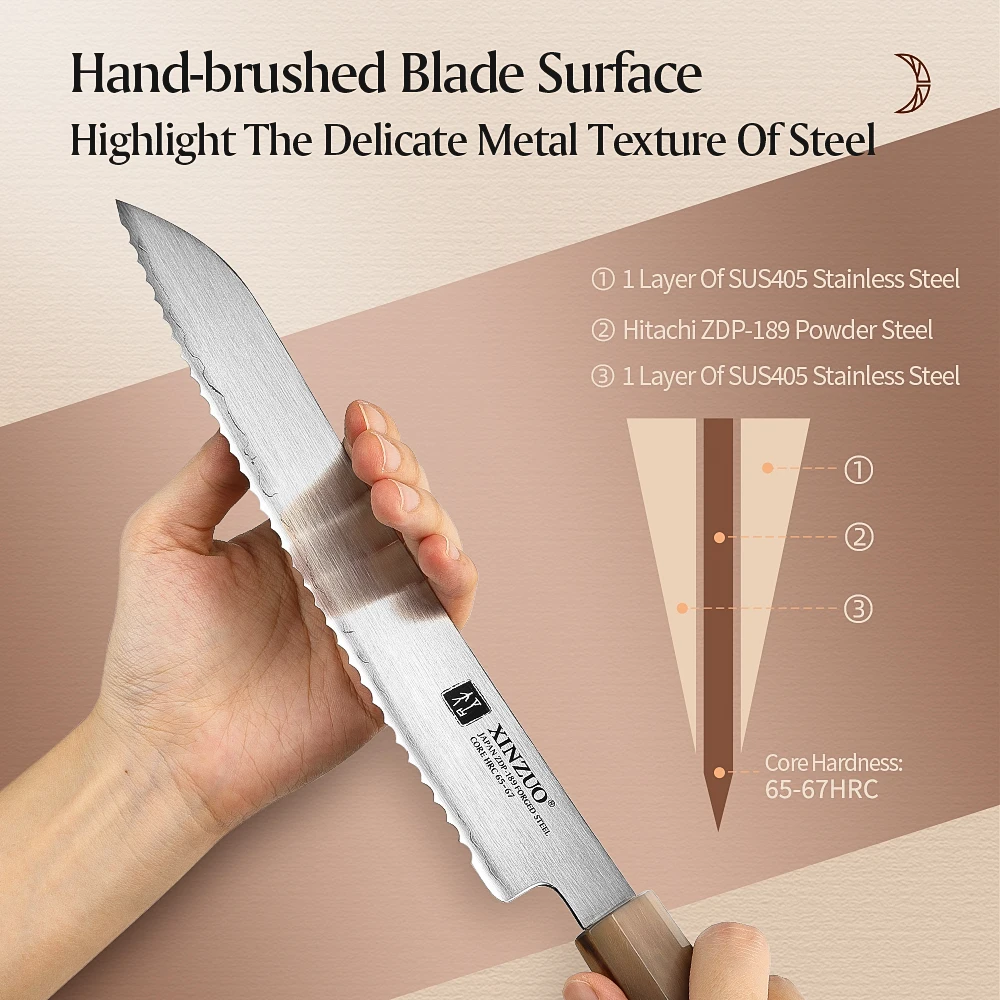 XINZUO 8.7 inch Serrated Bread Knife Japanese ZDP-189 Power Steel Cutlery Baguette Specialt Toast Slicing Knife for Baking Tool