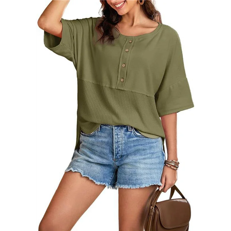 

Women Waffle Knit Tops 2025 Fashion 3/4 Sleeve Crew Neck Oversized Patchwork Blouses