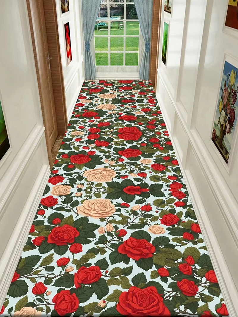 

Luxury Style Long Corridor Carpet Home 3D Rose Decor Hallway Area Rug Washable Stairway Rugs Non-slip Runner Aisle Mat Custom