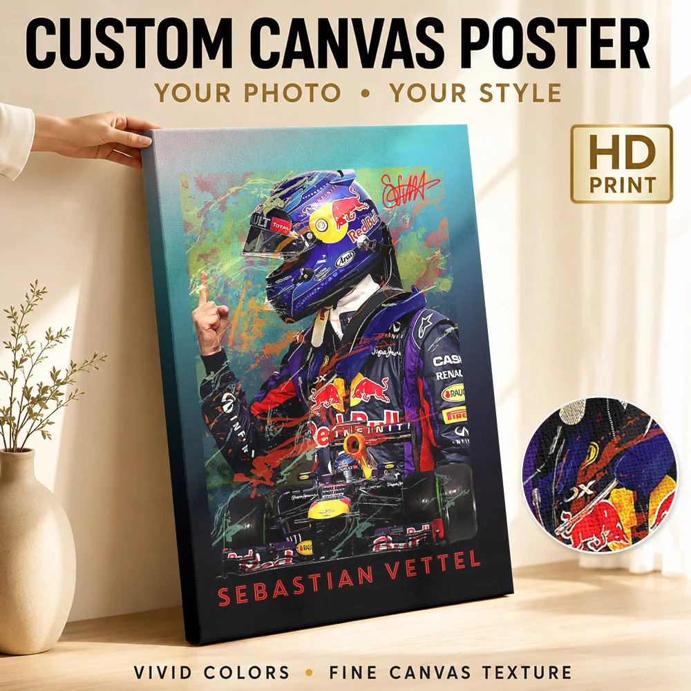 Sebastian Vettel Framed Canvas Poster Custom Retro Automotive Canvas Wall Art for Garage Decor Ready to Hang Housewarming Gift