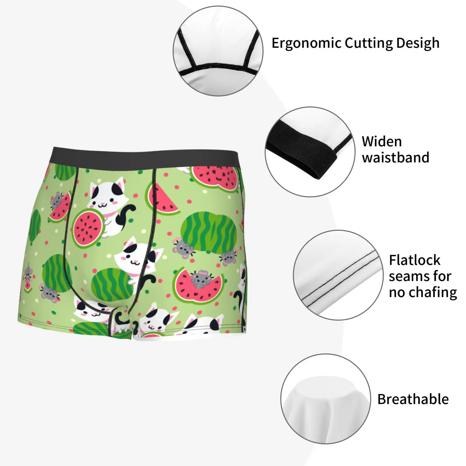 Watermelon Cat Summer Cartoon Underwear Male Underpants Double Sides Printed Soft Breathable Machine Wash Boxers Print