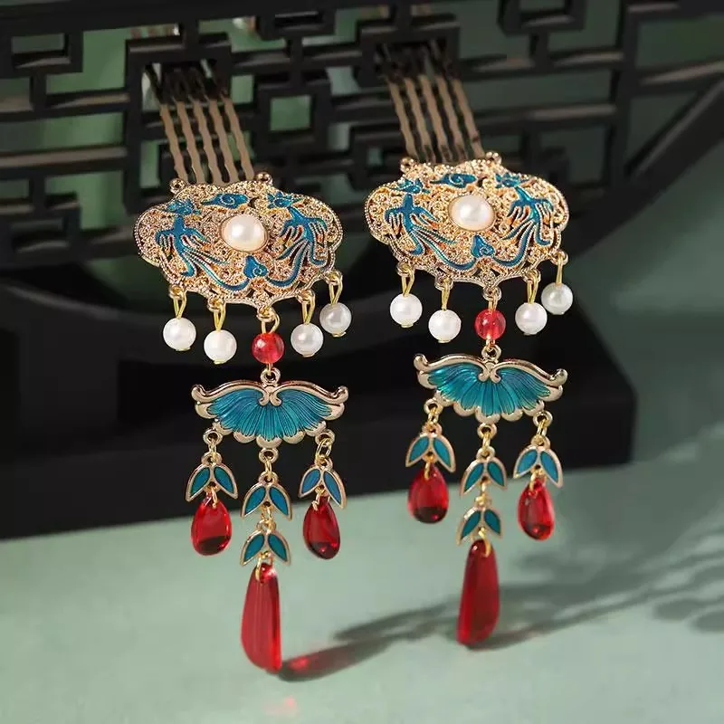 

Ming-Style Burnt Blue Enamel Tassel Hairpin Hair Comb Side Hair Accessory Hanfu Wedding Dress Bride Ancient Style Step