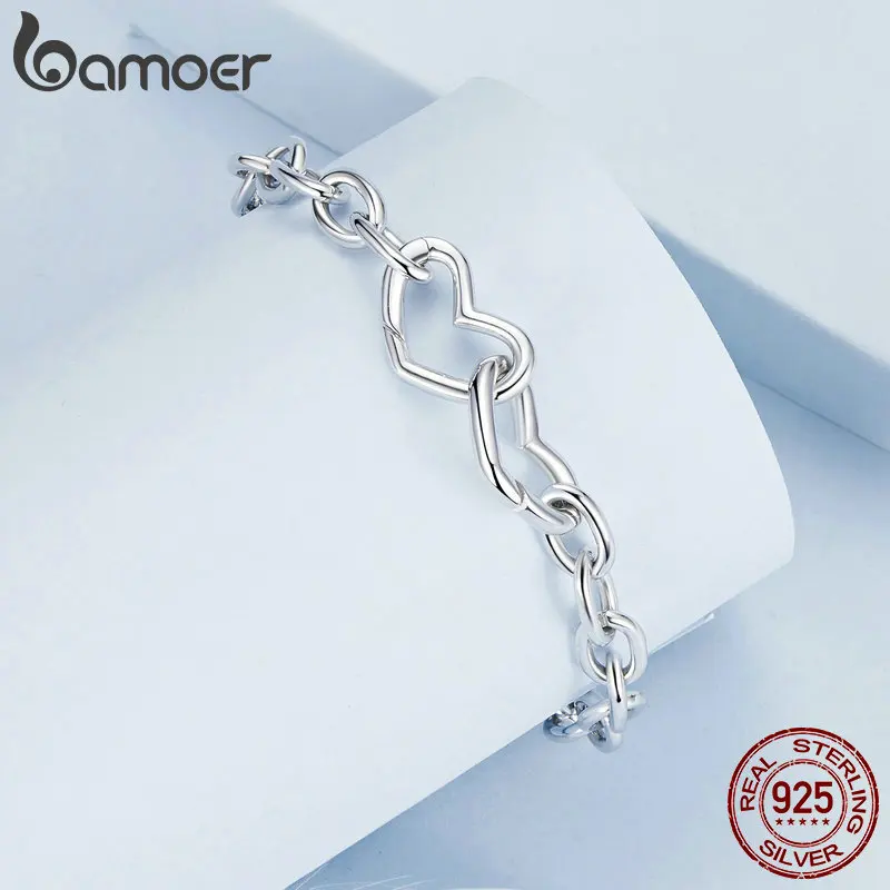 BAMOER 925 Sterling Silver Double Hearts Clasped Bracelets for Women Lady's DIY Pendent Charm Cuff Adjustable Bracelets BSB172