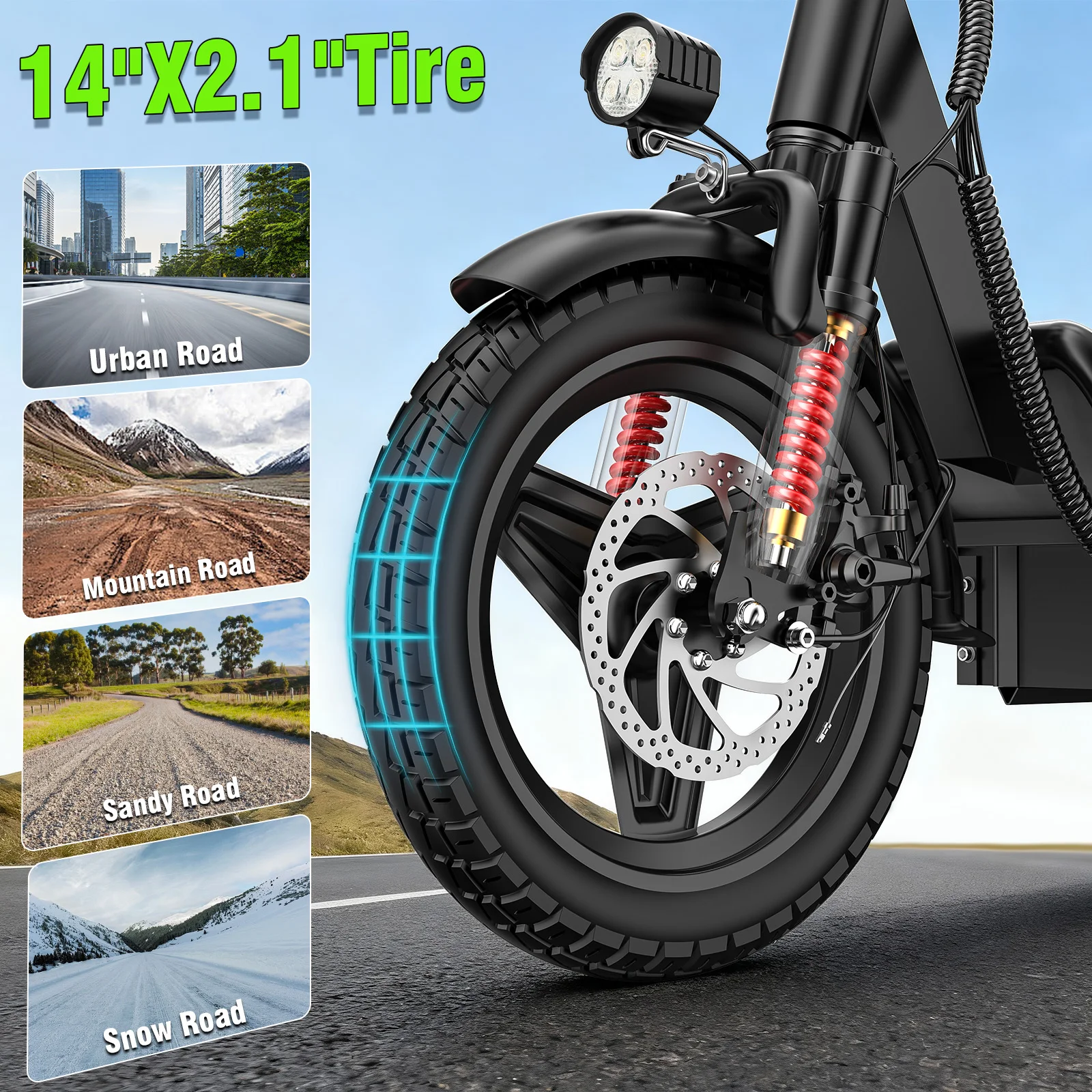 Adult Electric Bike, 500W48V15AH, 30MPH 14 inch Electric Bike, 500lbs Load-bearing with Multiple Shock Absorbers, with Basket