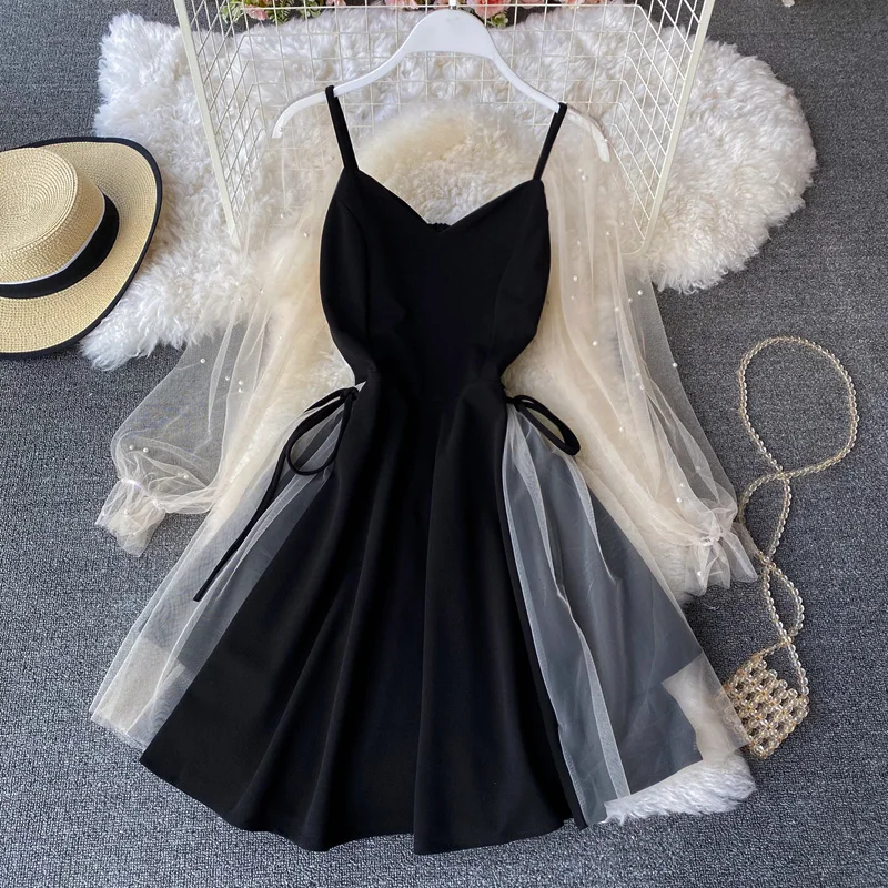 V넥 버블 소매 숏 드레스 미디 기장 A라인 스커트 슬리밍 허리 하이웨이스트 시퀸 레이스 장식 메쉬 패널 드레스