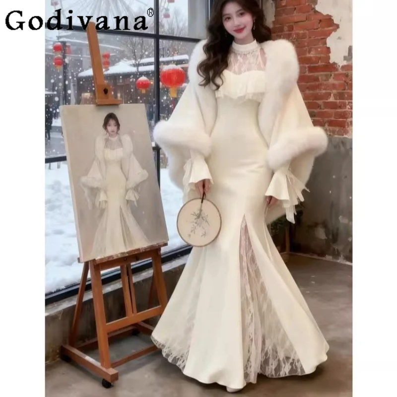

Fluffy Warm White Shawl Cape and Dress Set for Women Autumn Winter Bodycon Long Dress Suit Lady Lace Patchwork Waist Outfits