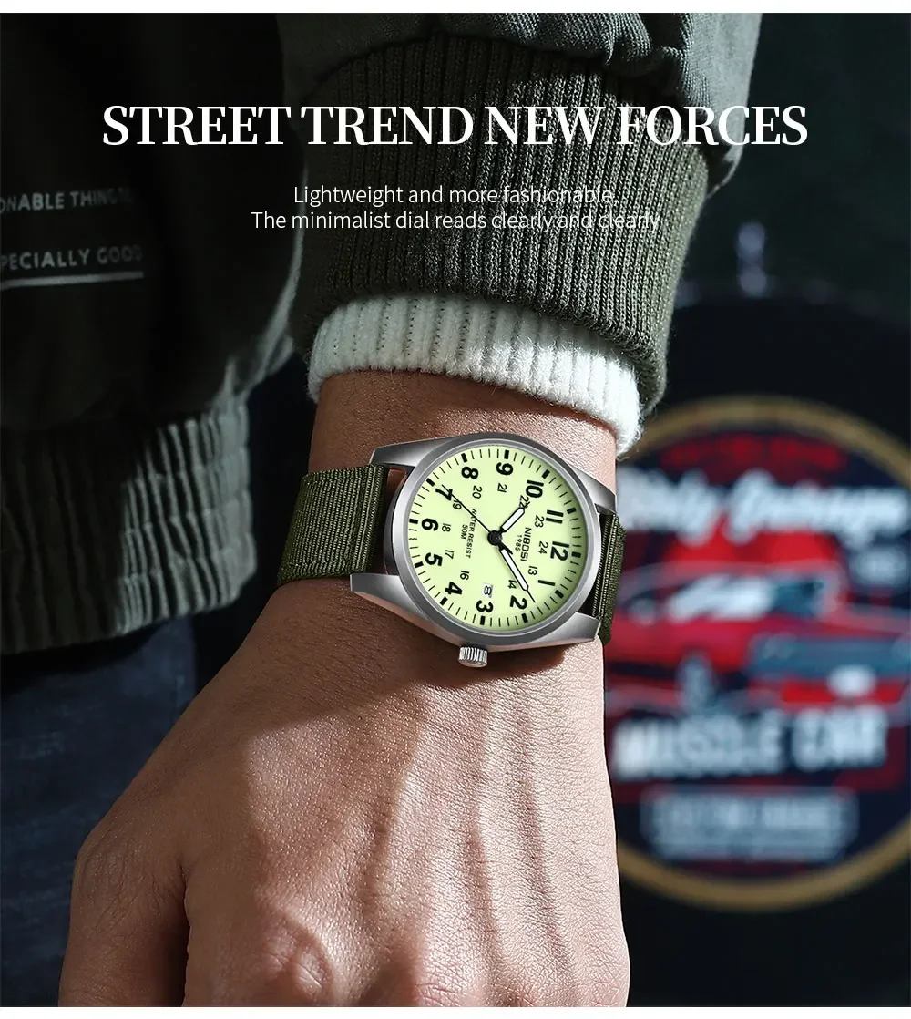 NIBOSI Fashion Mens Watches Luminous Nylon Band Military Watch For Men Army Quartz Sports Shock Clock Wristwatches Reloj Hombre