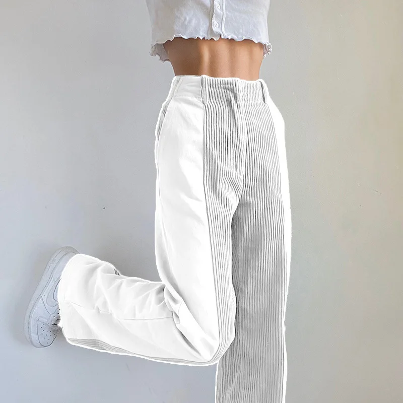 Corduroy Pants for Women Fashion Baggy High Waist Contrast Patchwork Trousers Y2K Streetwear Female Casual Straight Sweatpants