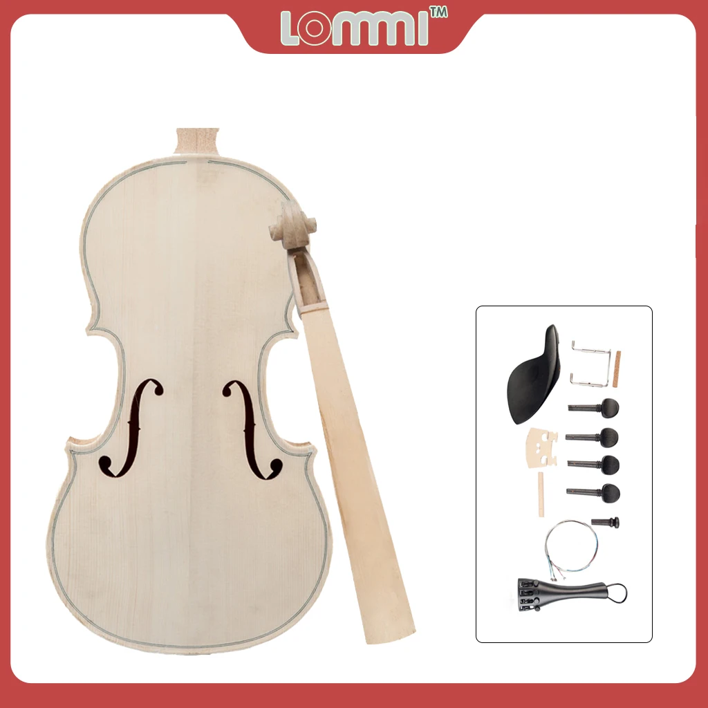 

LOMMI DIY 4/4 Full Size Violin Kit Natural Solid Wood Acoustic Fiddle Spruce Top Maple Back Neck Tailpiece Ebony Fingerboard SET